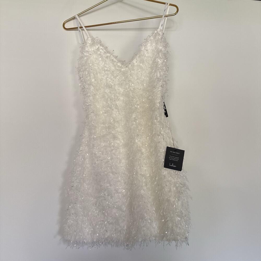 Lulus NWT White Fringe Feather Textured Mini Dress Open Back XL Party